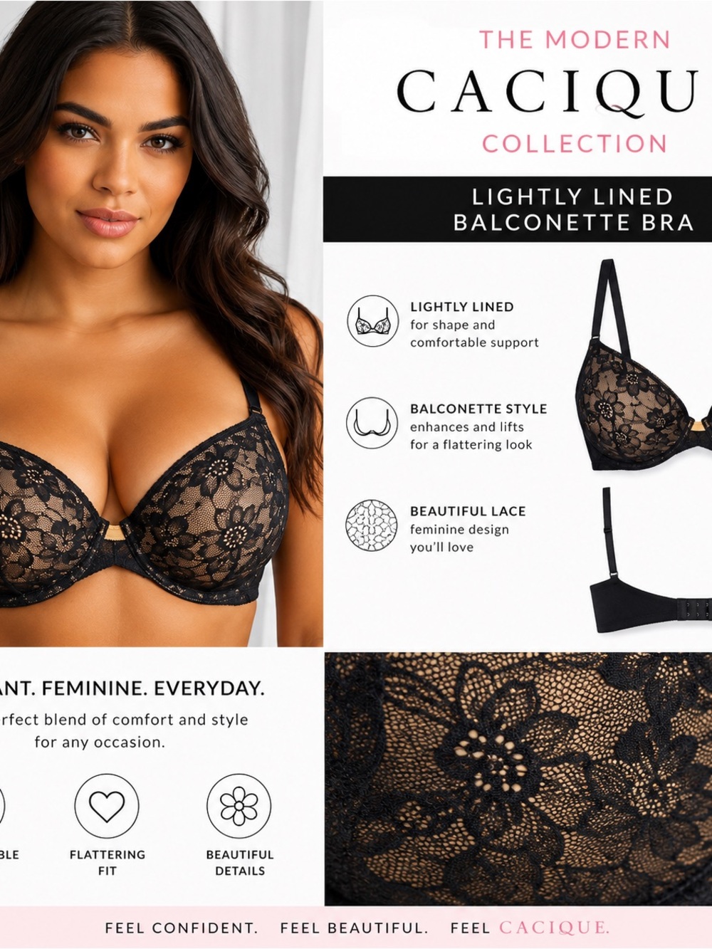 Cacique Black Lace Lightly Lined Balconette Bra